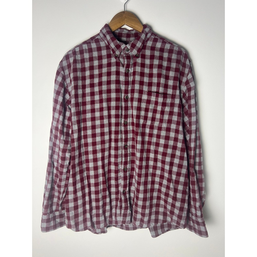 St John's Bay Button Down Shirt Mens XL Burgundy Grey Buffalo Check Flannel